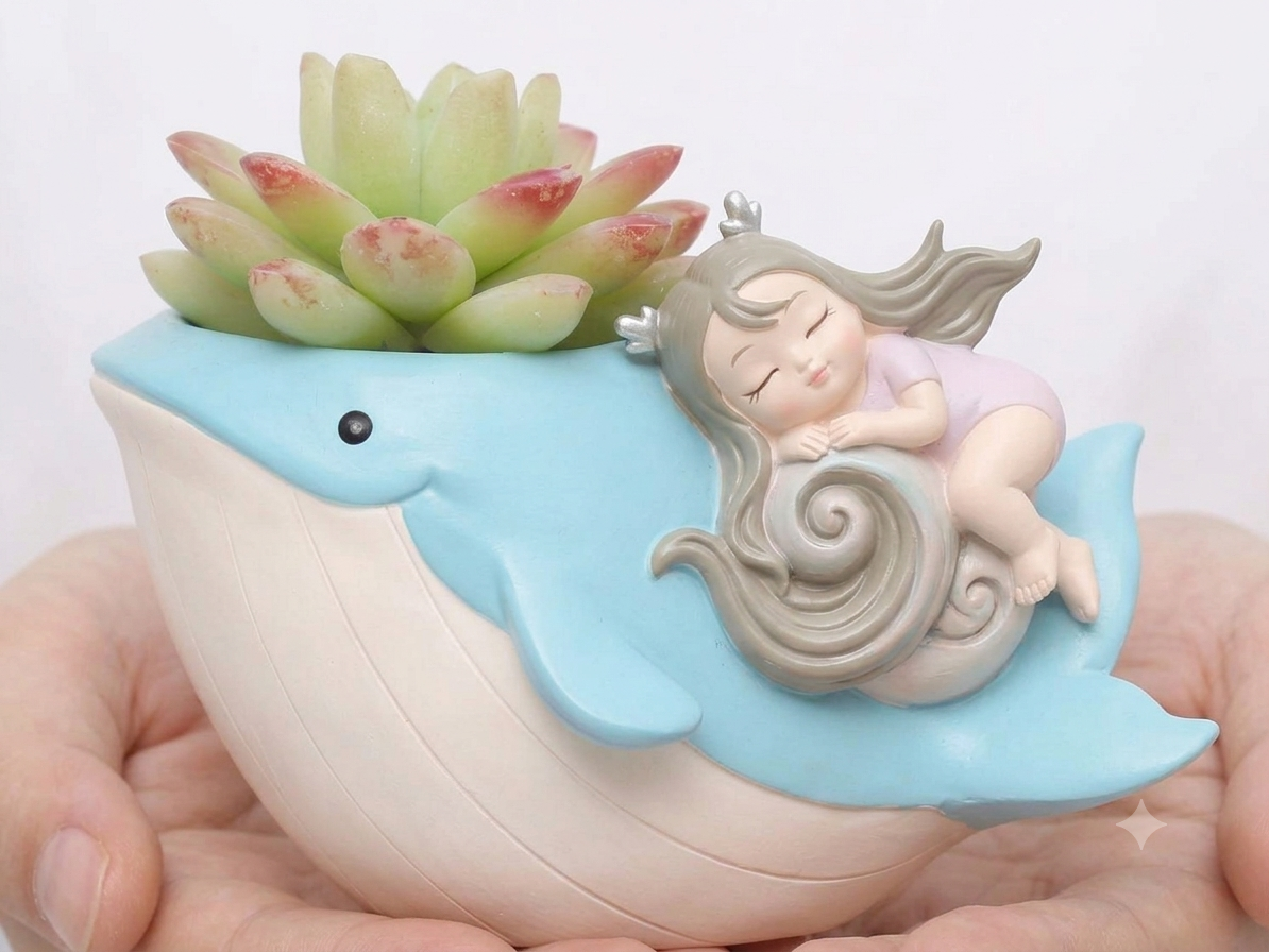 Handcrafted Dolphin  With Sleeping Girl Shaped Resin  Flower Planter/Flower Pot For Table Top Decorative Gar  dening Pot for Living Room, Home & Office Decor