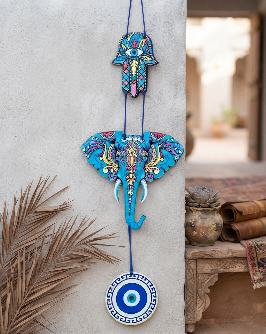Elephant Design Evil Eye Wooden Wall Hanging