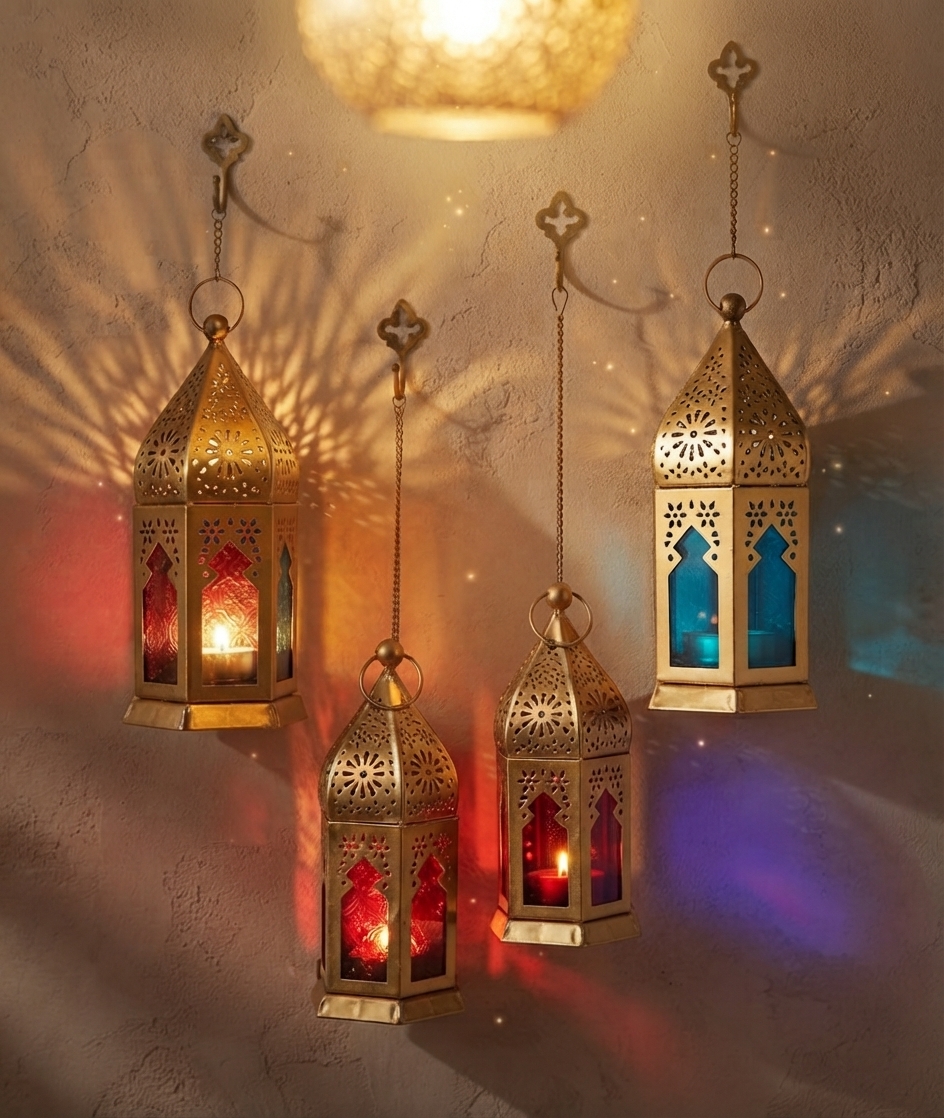Metal Mandir Lantern With Multicolour Windows