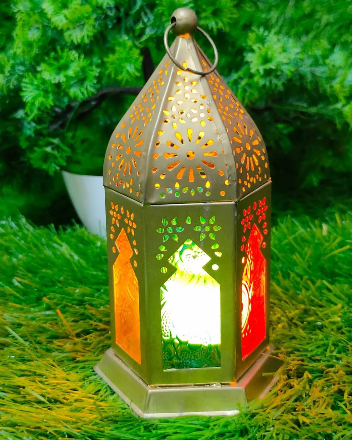 Metal Mandir Lantern With Multicolour Windows