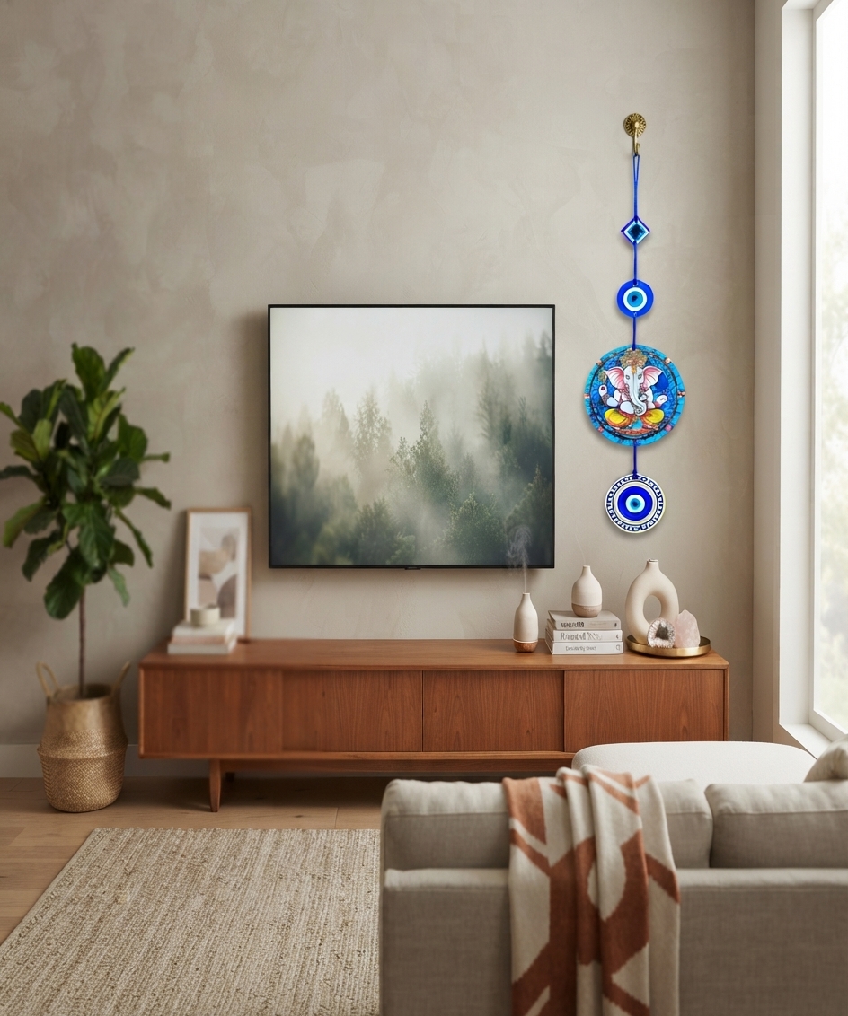 Ganesh Ji Design Evil Eye Wooden Wall Hanging