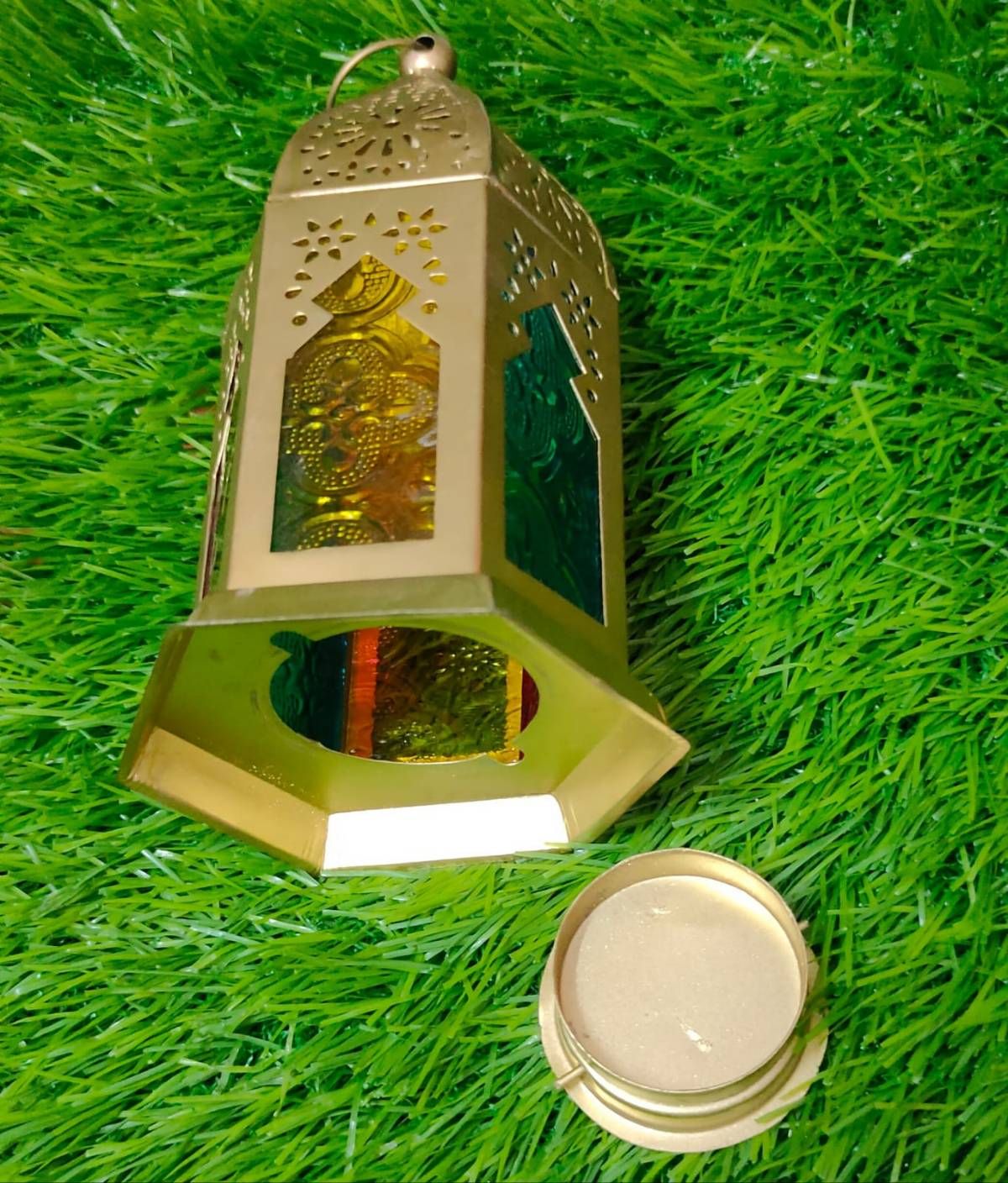 Metal Mandir Lantern With Multicolour Windows