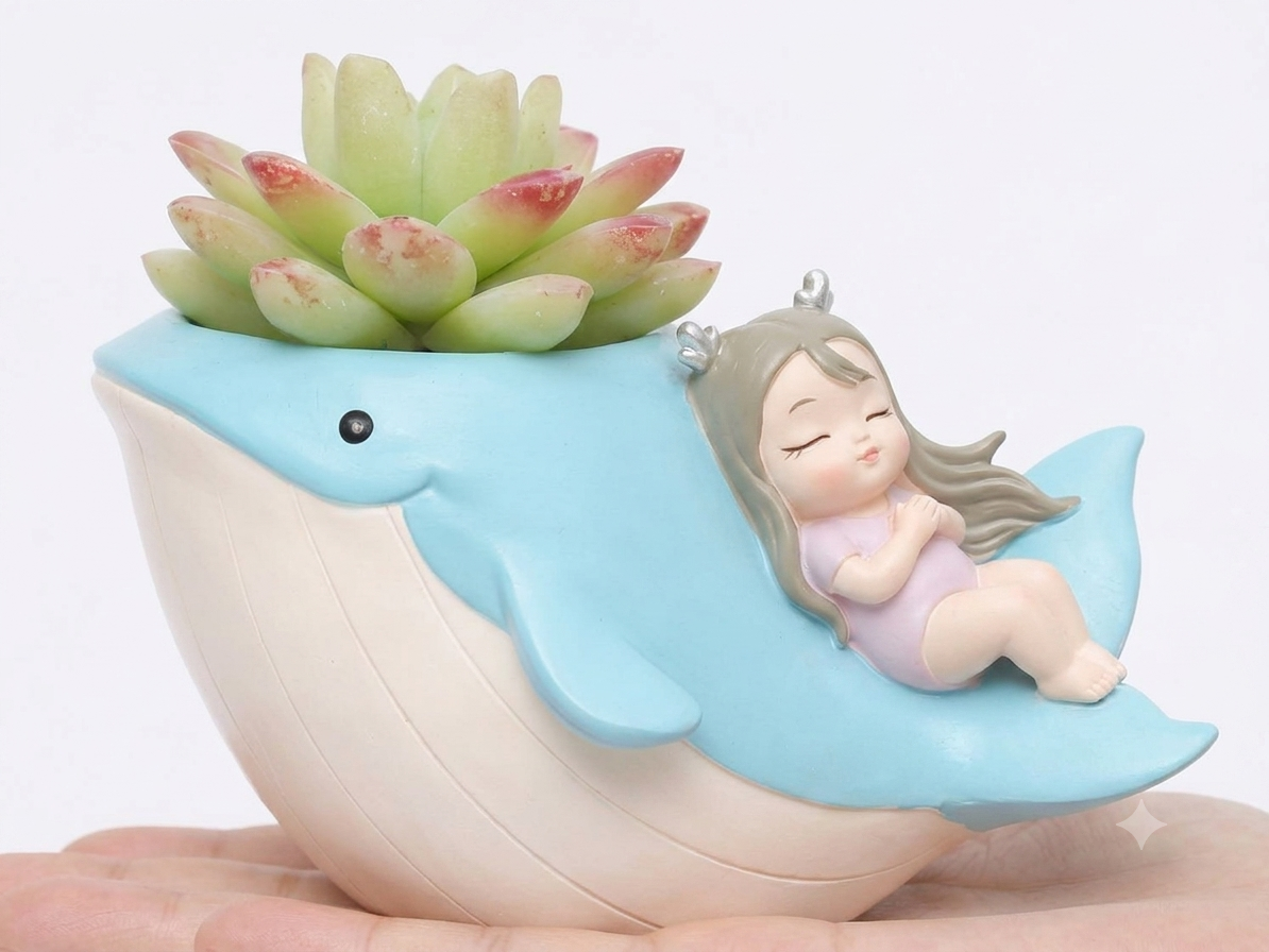Handcrafted Dolphin  With Sleeping Girl Shaped Resin  Flower Planter/Flower Pot For Table Top Decorative Gar  dening Pot for Living Room, Home & Office Decor