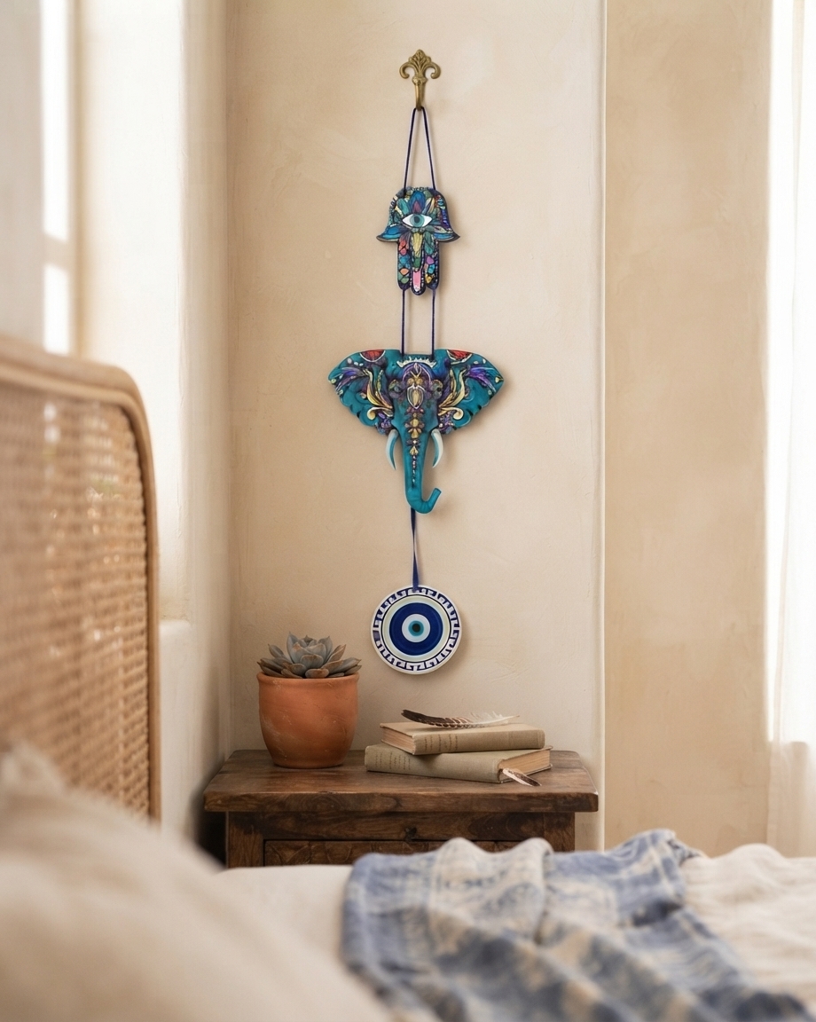 Elephant Design Evil Eye Wooden Wall Hanging