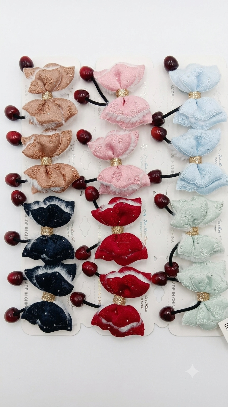 Bow hair bands with cherry charms clips- pack of 12