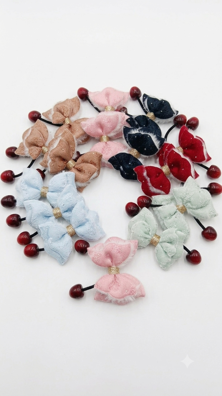 Bow hair bands with cherry charms clips- pack of 12
