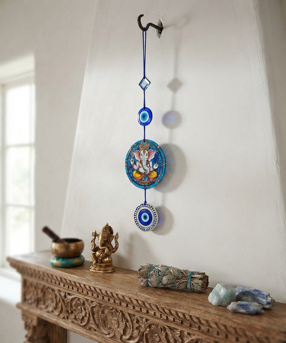 Ganesh Ji Design Evil Eye Wooden Wall Hanging