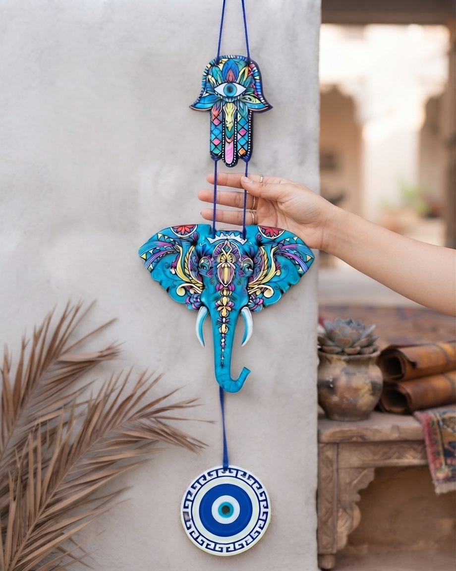 Elephant Design Evil Eye Wooden Wall Hanging